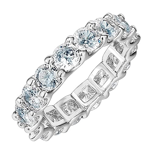 PAVOI 14K Gold Plated Eternity Ring for Women, Statement Eternity Band | Round Cubic Zirconia - Stackable Wedding Band - Love Engagement Trendy Bridal Jewelry - color: White Gold