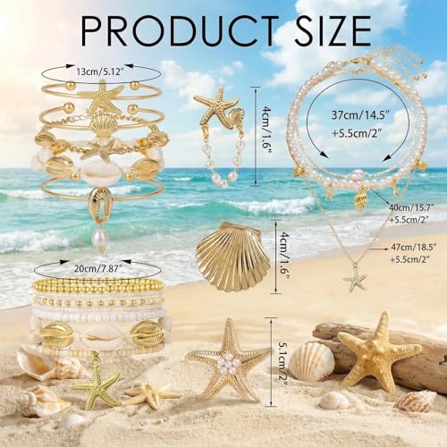 Beach Jewelry for Women - 32 Pcs Mermaid Jewelry Set | Includes Layering Seashell Necklace, Starfish Bracelets, Shell Earrings and Rings, Coastal Jewelry for Women