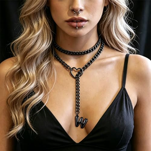 Black Heart Slip Chain Initial Necklaces for Women, Stainless Steel Wrap Choker Necklace, Gothic O-Ring Adjustable Lariat Y Necklaces, Punk Cuban Collar Choker Necklace, Halloween Jewelry Gift - color: Black W