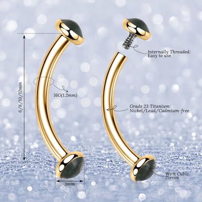 G23 Titanium Eyebrow Piercing Jewelry Eyebrow Rings Curved Barbell 16G Eyebrow Belly Button Ring Navel Rings Rook Daith Earrings Lip Ring Eyebrow Jewelry 6mm-12mm - color: 2PCS,Disc Shape Moss Agate,Gold