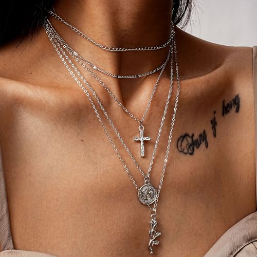 PLOUTOS Cross Coin Rose Layered Multi Chain Choker Necklace Set For Women Rhinestone Gold Silver Five Layer Adjustable Statement Fashion Chunky Boho Punk - color: Silver