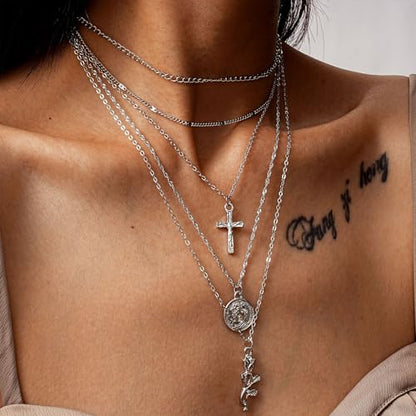 PLOUTOS Cross Coin Rose Layered Multi Chain Choker Necklace Set For Women Rhinestone Gold Silver Five Layer Adjustable Statement Fashion Chunky Boho Punk - color: Silver