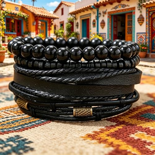 Braided Leather And Wood Bead Bracelet Set for Men Women ，Beads Cuff Bracelet Hemp Cords Ethnic Tribal，Wristband Stackable Bracelets Set Adjustable，Fashion Jewelry， Daily Wear And Party, Gift for He