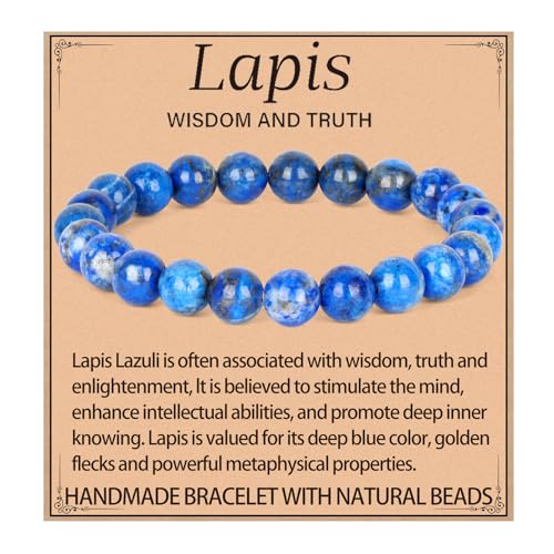 LPBeads Handmade Natural Gemstone Stretch Elastic Bracelet Healing Crystal Round Stone Beads Jewelry Gifts for Women Men - color: Lapis Lazuli, size: 8mm