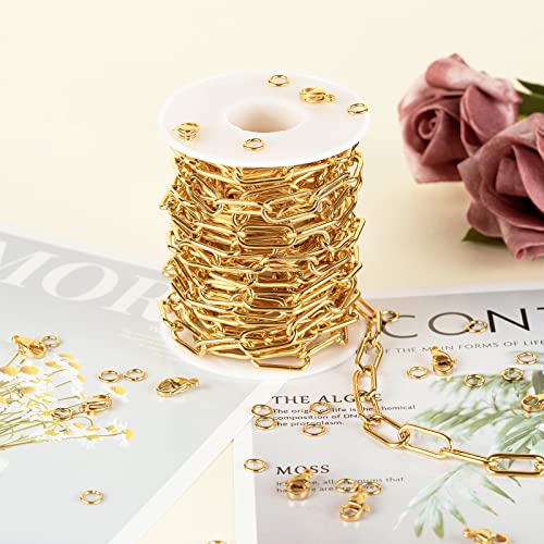 Gold Plated Paperclip Chain Necklace for Women and Men, Stainless Steel Link Chain Bulks with Jump Rings and Lobster Clasps Jewelry Making Supplies - color: Gold Paperclip_17x7mm