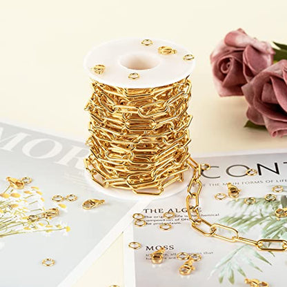 Gold Plated Paperclip Chain Necklace for Women and Men, Stainless Steel Link Chain Bulks with Jump Rings and Lobster Clasps Jewelry Making Supplies - color: Gold Paperclip_17x7mm