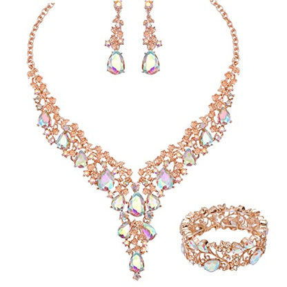 CSY Elegant Crystal Costume Jewelry Sets Flower Bridal Necklace Earrings Stretch Bangle Set for Bride Bridesmaid Wedding Dress Accessories - color: AB crystal-rose gold tone