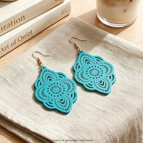Boho Black Filigree Dangle Earrings for Women, Lightweight Hollow Lace Drop, Wood, 3.34" x 1.69", Bohemian Jewelry - color: Sky Blue