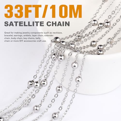 33FT 2mm Stainless Steel Satellite Bead Chains Roll Bulk for Jewelry Making | 304 Stainless Steel Ball Beaded Cable Link Chains Spool for Necklace DIY Craft - color: Stainless Steel Big Beads Satellite Cable Chain