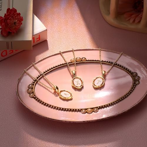 14K Gold Plated Initial Necklaces for Women, Letter Charm Pendant Necklace | Dainty Oval White Enamel Personalized Name Necklace, Trendy Jewelry with 16 inches Chain and 2 inches Extender - color: T
