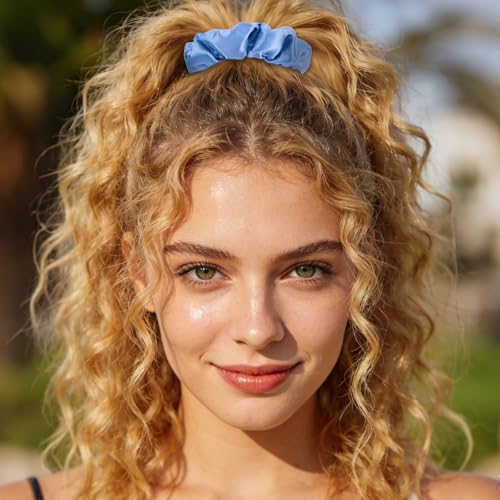 Jaciya Satin Scrunchies for Women Blue Hair Scrunchies Elastic Hair Ties | 24 Pack Elastic Hair Ties for Ponytails and Buns - color: Light Blue