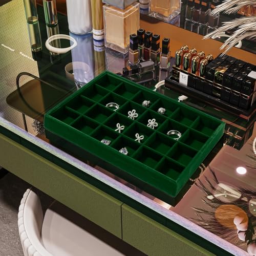 24-Grid Velvet Jewelry Tray for Ring & Earring Storage Green | 24 Compartments, Large Capacity, For Home & Commercial Use, Stackable - size: 24 Grid