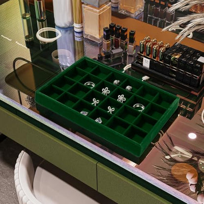 24-Grid Velvet Jewelry Tray for Ring & Earring Storage Green | 24 Compartments, Large Capacity, For Home & Commercial Use, Stackable - size: 24 Grid