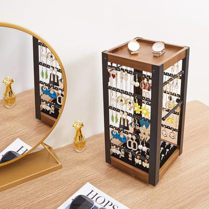 360° Rotating Jewelry Organizer, Earring Holder with Ring Tray & Hooks | Stores 200+ earrings, rings, necklaces and bracelets with a bamboo tray for perfume, lipstick and vanity essentials. - color: Black