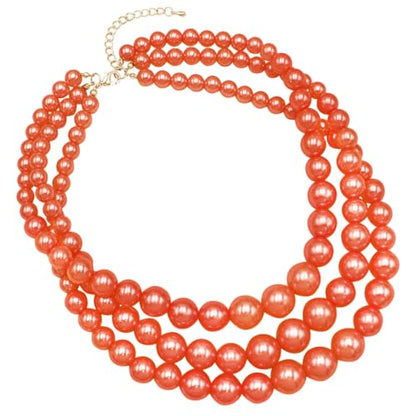 Rosemarie & Jubalee Women's 3 Colorful Multi Strands Simulated Pearl Necklace And Earrings Jewelry Gift Set, 18"+3" Extender - color: Orange Gold Tone - Double Ball Earring