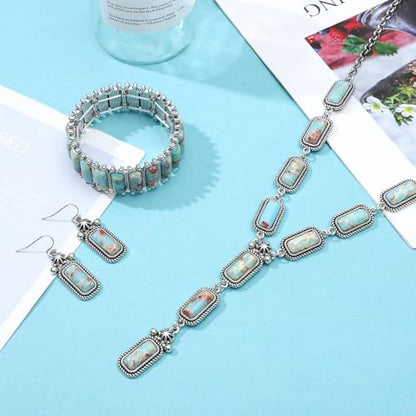 NEWITIN 4 Pieces Silver Bohemian Jewelry Set for Women Fashion Costume Jewels Turquoise Necklace Bracelet Earrings Western Turquoise Jewelry Set for Women - color: Colorful Turquoise