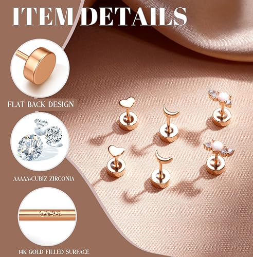 14K Gold Plated 925 Sterling Silver Flat Back Earrings Set | Hypoallergenic Cartilage Helix Conch Tragus Piercing Jewelry 3 Pairs Small Screw Dainty CZ Opal Earring Set Men Women - color: Rose Gold, Style D