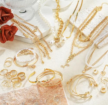 17IF 53 PCS(8 PACK) Silver Plated Jewelry Set for Women，4 Styles | with 6 Necklace 11 Ankle Bracelet 30 Kunckle Ring 6 Pair Earring Hoop Vintage Boho Pearl Birthday Travel Holiday - style: Classic