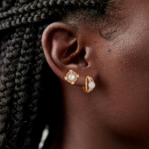 DREMMY STUDIOS Gold Dainty Huggie Hoop Earrings 18K Gold Plated Exquisite Open Tassel Dangle Charm Drop Sleeper Geometric Cross Coin Star Heart White CZ Simple Hypoallergenic Earrings for Women - color: Pearl Hoop