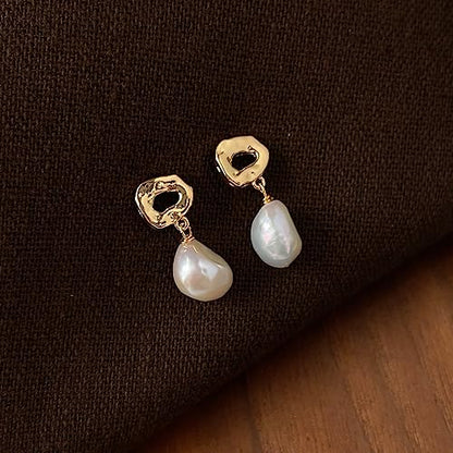 Unique Handmade Irregular Baroque Freshwater Pearl Stud Earrings for Women Gold Plated Hammered Geometric Silver Plated Post Elegant Dainty Jewelry