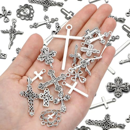 Hicarer 80 Pieces Antique Silver Pendants Gothic Charms Halloween Charms Pendants Jewelry Making Accessory for DIY Necklace Bracelet - style: Cross