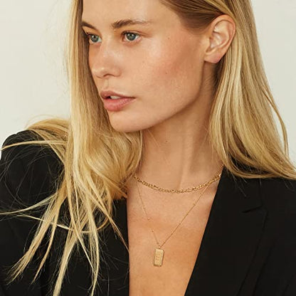 Gold Initial Necklace for Women 14K Gold Plated Figaro Chain Choker Layered Necklaces Set Bar Rectangle Pendant Necklaces Simple Dainty Letter Necklace Everyday Gold Jewelry - style: Letter E