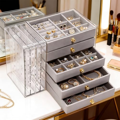 grey Jewelry Box Organizer, Transparent Acrylic Case with Velvet-Lined 5 drawers and 2 side drawers, Versatile Compartments for Earrings, Rings, Necklaces, Bracelets - color: Grey