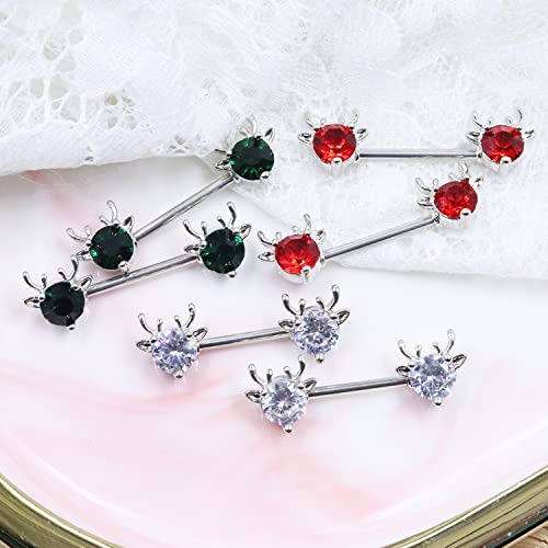 2PCS 14G 316L Stainless Steel Opal Nipple Rings Deer Head Nipple Barbell Nipple Piercings Jewelry for Women - color: Green