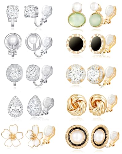 Tornito 10-15 Pairs Clip on Stud Earrings Non Pierced Teardrop Round Square CZ Pearl Twist Knot Flower Butterfly Heart Star Rainbow Cat Opal Clip on Earrings for Women - color: G:10 Pairs