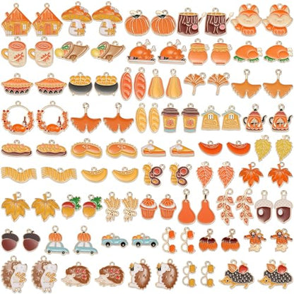 100Pcs 50 Pairs Fall Charms for Jewelry Making and Bracelets, Thanksgiving Autumn Charms Gold Enamel Jewelry Pendants for Earring Bracelet Necklace Crafts Making - style: Fall Charms