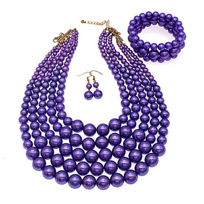 JNF Large Faux Pearl Necklaces for Women Multi strand Pearl Necklace Bracelet and Earrings Set 1920s Costume Pearls Necklace Jewelry Accessories - color: Purple