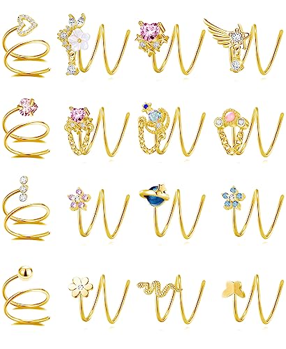 Akeoqi 16PCS Double Nose Ring Hoop For Single Piercing Stainless Steel Dangle Spiral Nose Rings Snake Flower Butterfly Planet Angel Wings Heart Ball Twist Earring Hoops Body Piercing Jewelry For Women - color: B: Gold