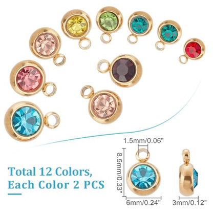 UNICRAFTALE 18K Gold Plated Flat Round Real Birthstone Charms Rhinestone Pendants Crystal Glass Charms Metal Dangle Pendants for DIY Bracelets Necklaces Jewelry Making - color: Mixed Color