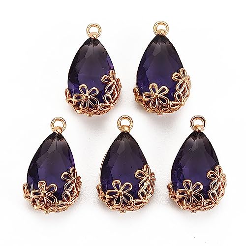 FASHEWELRY 50Pcs Faceted Teardrop Glass Charms Transparent Crystal Drop Pendants with Light Gold Brass Flower Setting for DIY Bracelet Necklace Earring Jewelry Craft Making - color: Indigo