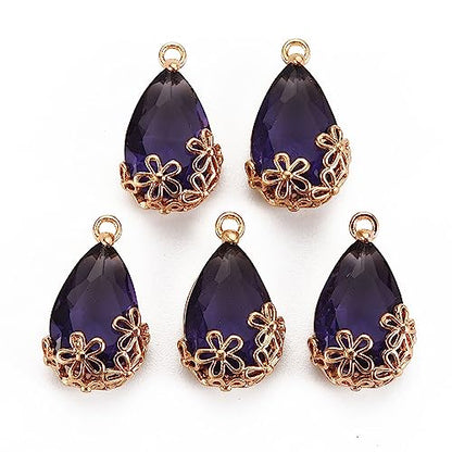FASHEWELRY 50Pcs Faceted Teardrop Glass Charms Transparent Crystal Drop Pendants with Light Gold Brass Flower Setting for DIY Bracelet Necklace Earring Jewelry Craft Making - color: Indigo