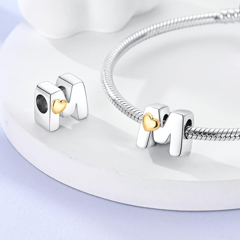 Women 925 Sterling Silver Charms A-Z Heart Letters Beads Pendant for Bracelets Women Fit Pandora Bracelets Hypoallergenic Beads - color: M