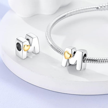 Women 925 Sterling Silver Charms A-Z Heart Letters Beads Pendant for Bracelets Women Fit Pandora Bracelets Hypoallergenic Beads - color: M