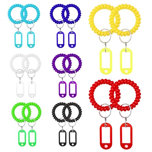 48 Pack Colorful Wristband Keychains & Key Tags Set Plastic Coil Stretch Elastic Spring Spiral Key Ring Wrist Bracelet Keychain with Label Hair Tie for Gym Pool ID Badge Sauna Outdoor Activities