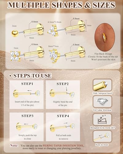 Fansilver 14K Gold Plated Threadless Flat Back Earrings for Women Men | 316L Surgical Steel Push in Nose Piercings Lip Rings,CZ Nostril Helix Conch Medusa Tragus Piercing Jewelry,16/18/20G,6/8mm - color: Gold Plated, size: 20G:8mm
