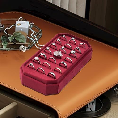 Velvet Ring Organizer Display Tray Jewelry Box Earring Holder Case | for Wedding Birthday Christmas Day (Red) - color: Red