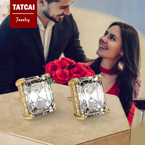 18K White Gold Plated Sterling Silver Emerald Cut Cubic Zirconia Stud Earrings Clear CZ Diamond Stud Earrings for Women Men Hypoallergenic - color: Gold, size: 6MM*8MM