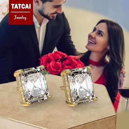 18K White Gold Plated Sterling Silver Emerald Cut Cubic Zirconia Stud Earrings Clear CZ Diamond Stud Earrings for Women Men Hypoallergenic - color: Gold, size: 6MM*8MM