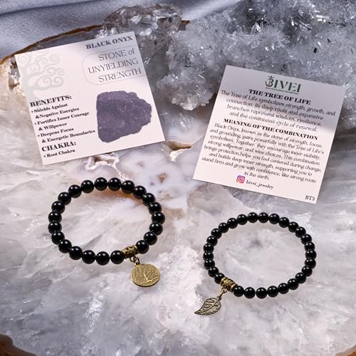 Bivei Natural Semi Precious Gemstone beads bracelet for women - Life Tree and Leaf Charm Energy Reiki Crystal Stretch Bracelets - color: Onyx Bracelet Set, size: Medium:6.8-7.24inch