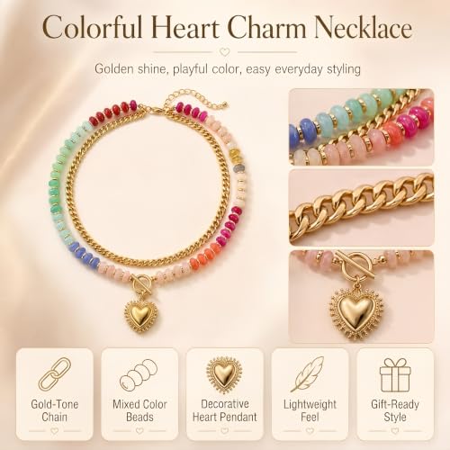 Layered Necklaces for Women Colorful Beaded Necklace with Heart Pendant | Acrylic Choker Chunky Chain Necklace for Women Boho Statement Charm Necklace Double Layered Stacked Jewelry for Summer Beach