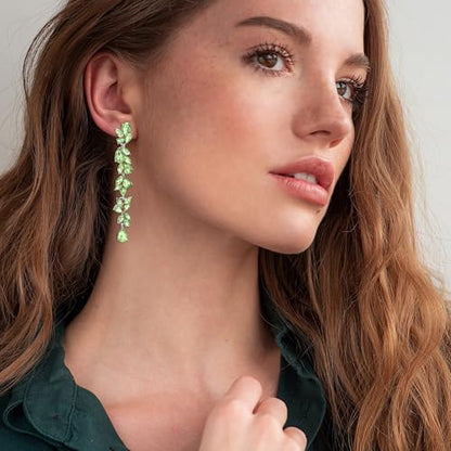 Crysdue Clip On Earrings for Women Rhinestone Crystal Teardrop Cluster Wedding Bridal Non Pierced Long Dangle Earring for Prom Party - color: Light Green Gold-Tone