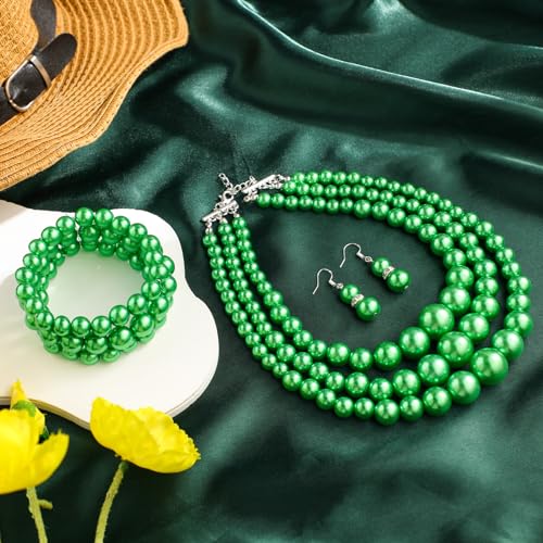 Haysandy Pearl Jewelry Set for Women 20s Jewelry Gift | Retro Layered Necklace Bracelet Earring, Costume Accessories for Derby Wedding Prom Party, Dress Matching Occasions - color: Green