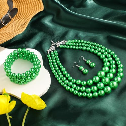 Haysandy Pearl Jewelry Set for Women 20s Jewelry Gift | Retro Layered Necklace Bracelet Earring, Costume Accessories for Derby Wedding Prom Party, Dress Matching Occasions - color: Green