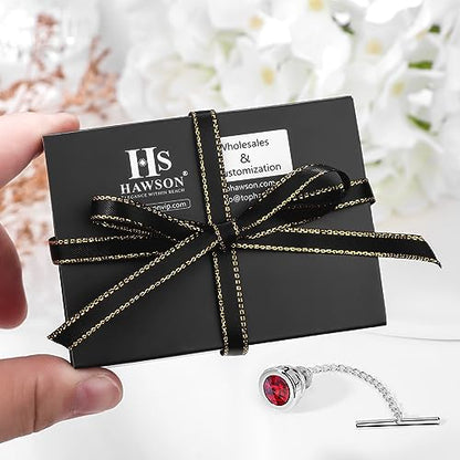 HAWSON Mens Tie Tack with Chain Round Crystal Wedding Business Accessories - color: Silver + red
