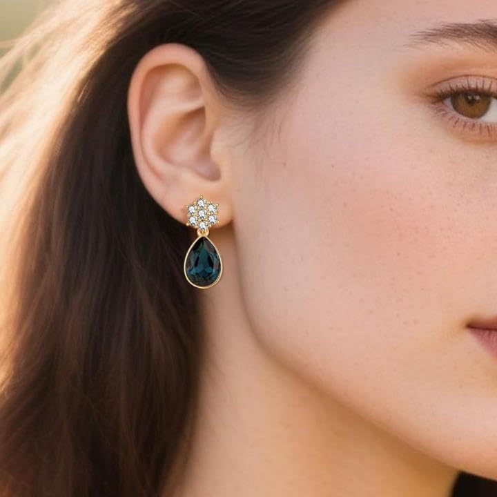Elegant Austrian Crystal Teardrop Dangle Earrings for Women,14K Gold Plated Flower Drop Earrings Jewelry Gift for Birthday Wedding Anniversary - color: Denim Blue