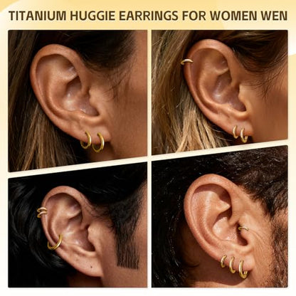 AOEDEJ G23 Titanium Black/Steel Gray/Gold Hoop Earrings 18G Small Huggie Hoop Earrings 8mm/10mm/12mm Cartilage for Sensitive Ears for Multiple Piercing Cartilage Hoop Earring Stack Jewelry - style: D-GD-8mm+10mm+12mm